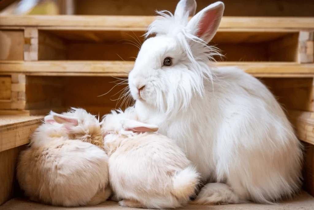  A white English Angora rabbit sits with her two cream colored baby rabbits nestled against her inside of a wooden structure.