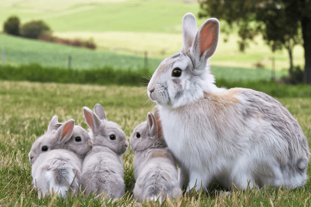  A mother rabbit sits in the grass with four babies huddled together.