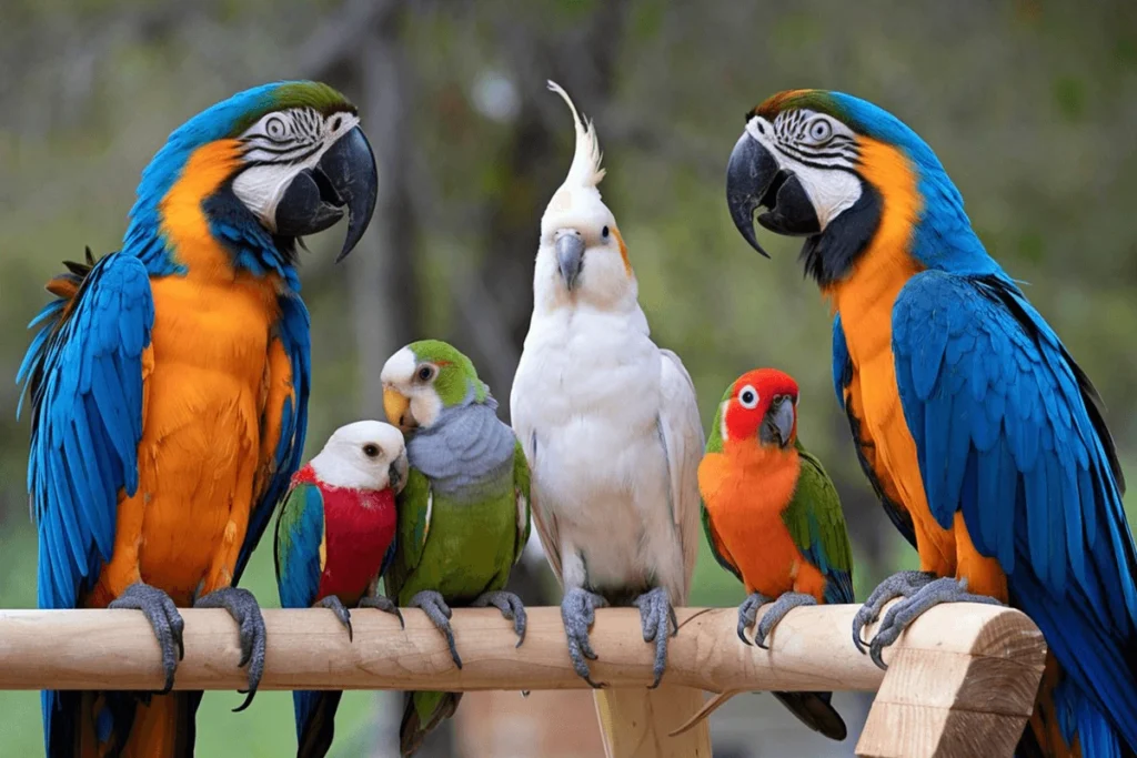 A group of five parrots perched together on a wooden rod, including two Blue-and-Gold Macaws, a white Cockatiel, a Green-Cheeked Conure, and a Crimson-bellied Conure.