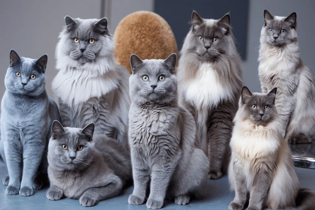 A group of seven gray cats of varying breeds and fur lengths posed together against a gray background.