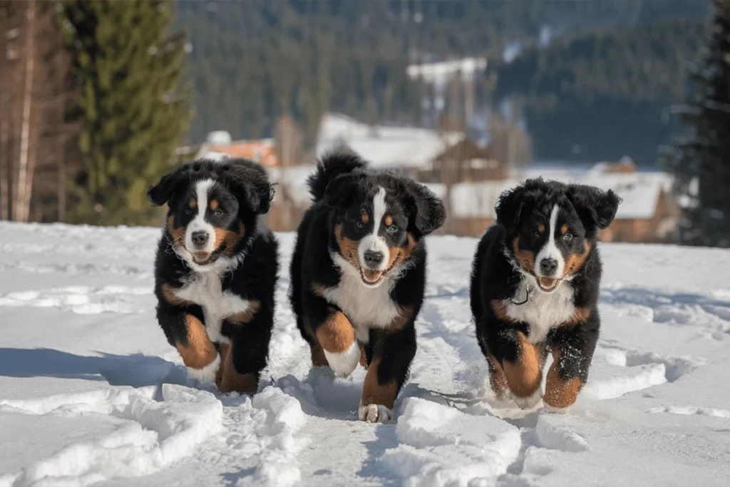 Three Bernese Mountain Dog puppies running in the snow towards the camera.