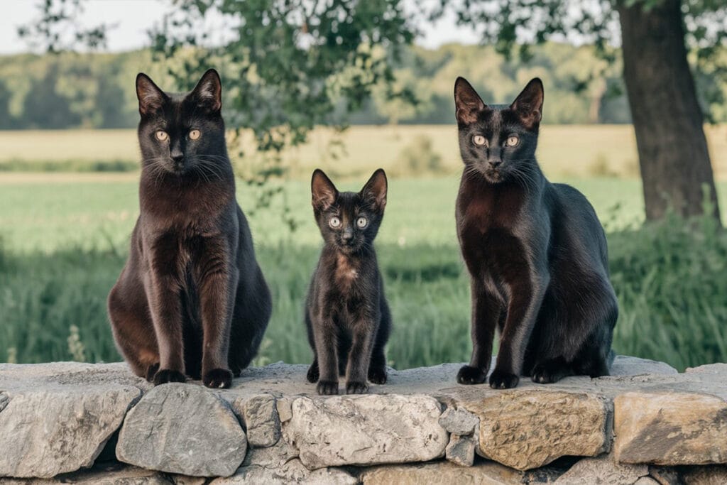 Three black cats are sitting in a row on a stone wall outside. Two are of similar adult size sitting to the left and right, while a smaller kitten is centered between them. All three are facing forward, with bright yellow eyes, and a natural green background is behind them,what are the black cats names?