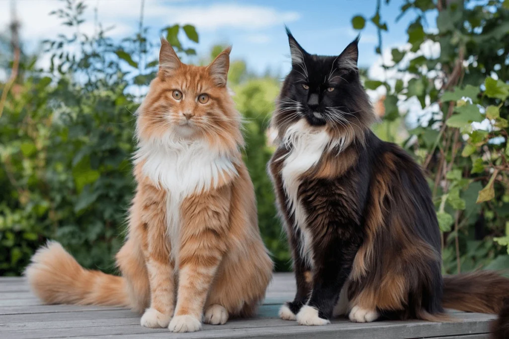 Two long-haired cats, one orange and one black, sitting on a wooden surface.