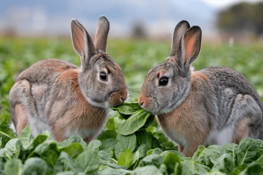 Two brown rabbits eating spinach amidst a field of leafy greens.