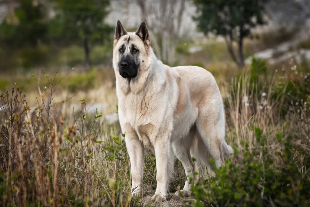 A cream and tan Anatolian Shepherd stands in a field of dry grass with a blurred background of shrubs and trees, looking off to the left.