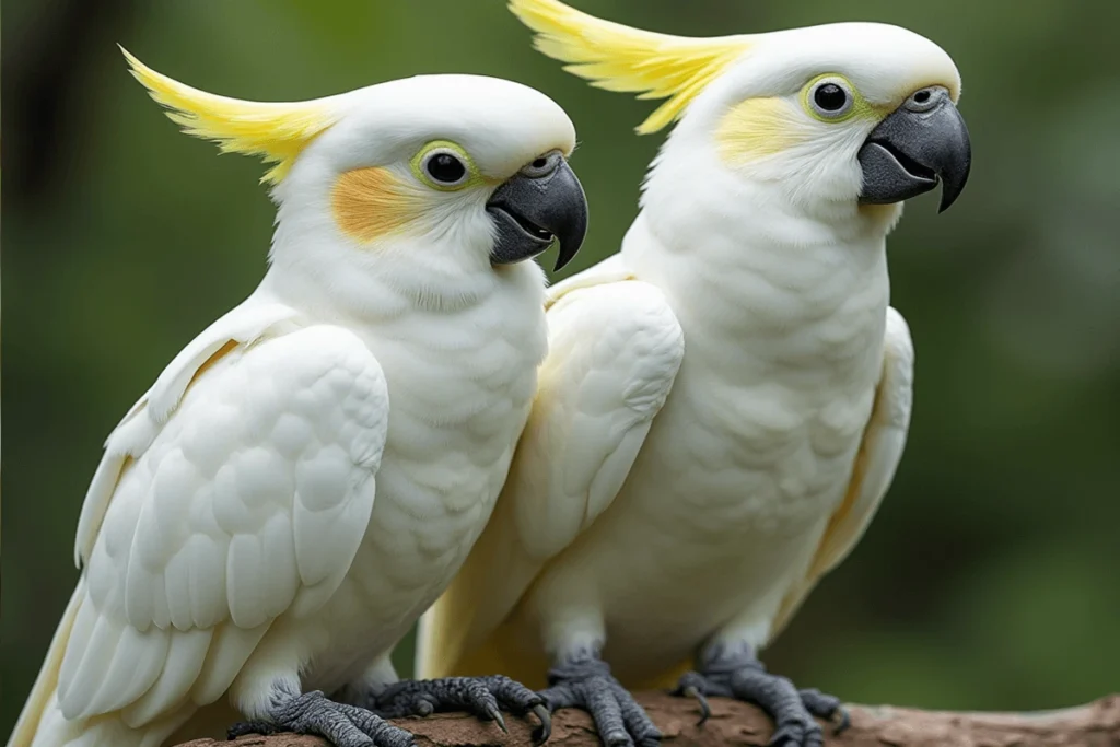  Two white cockatoos with yellow crests perched closely together on a branch against a blurred green background.