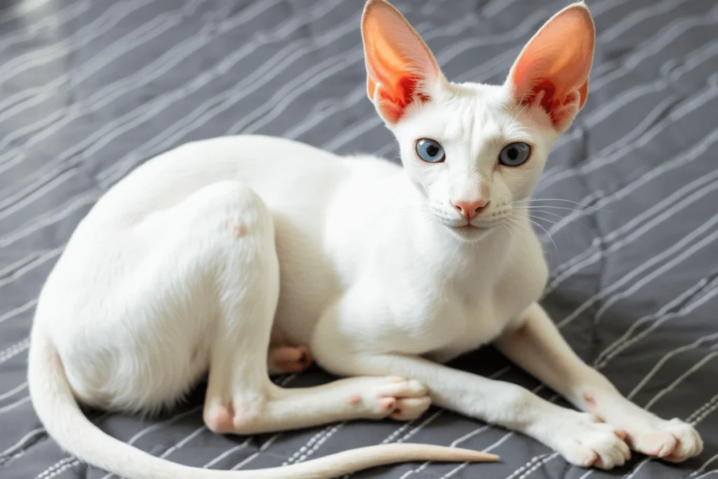 one of the best Hypoallergenic Cats white Oriental cat with blue eyes lying on a gray striped bed