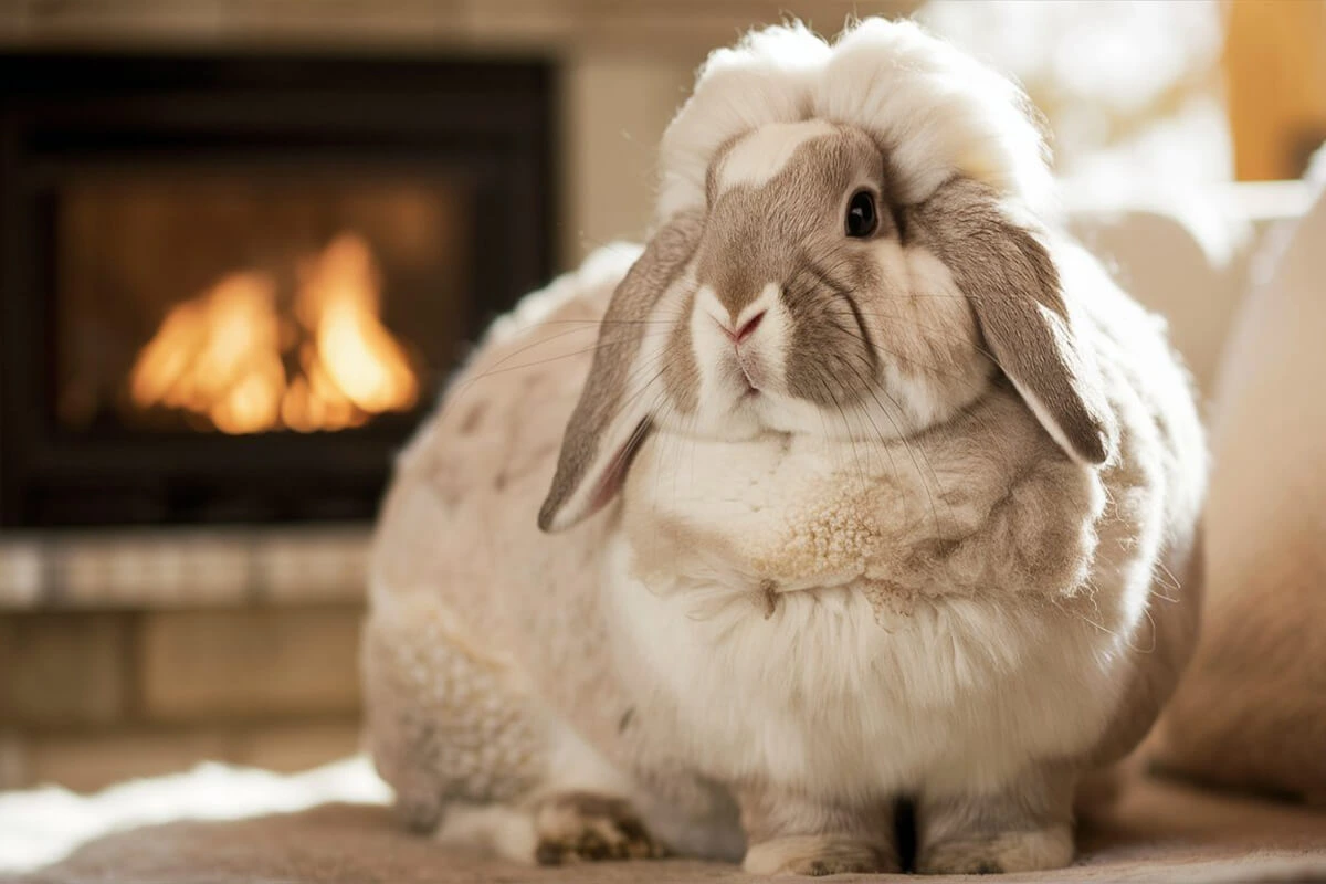 Giant Angora rabbit sitting near a fireplace.