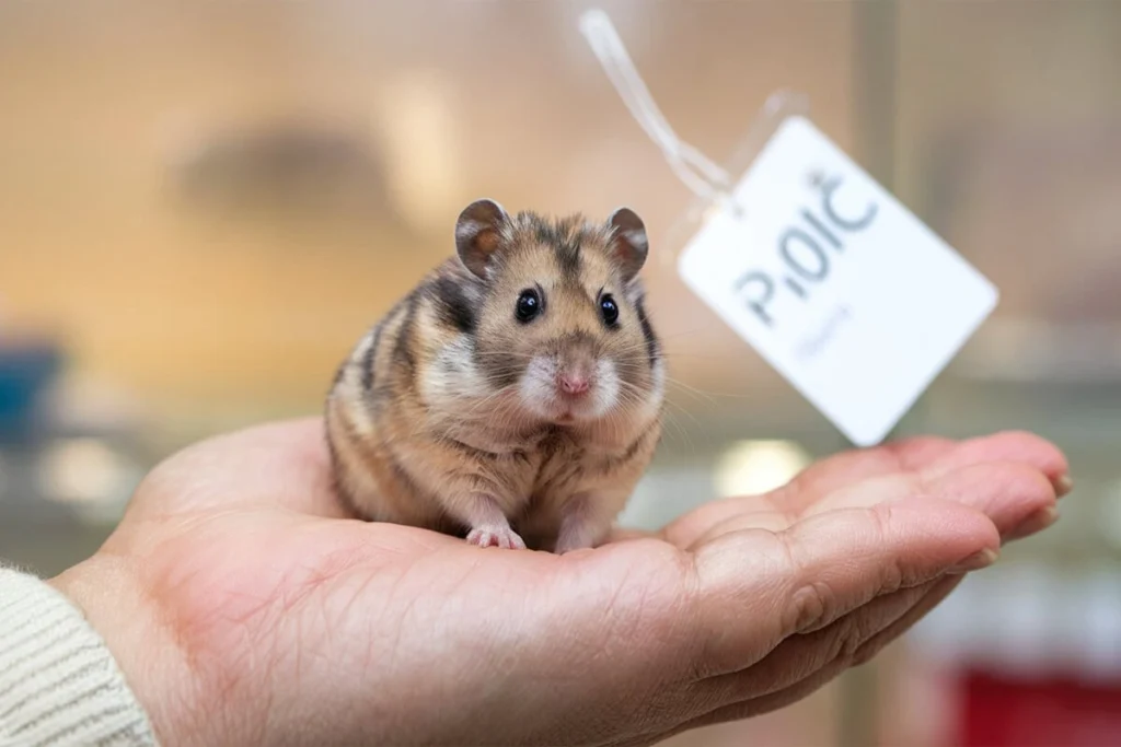 A small, striped Chinese Dwarf Hamster sitting in a person's palm, with a price tag in the background.