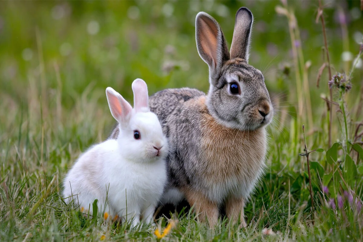 A white bunny and a wild brown rabbit sit together in a grassy field.