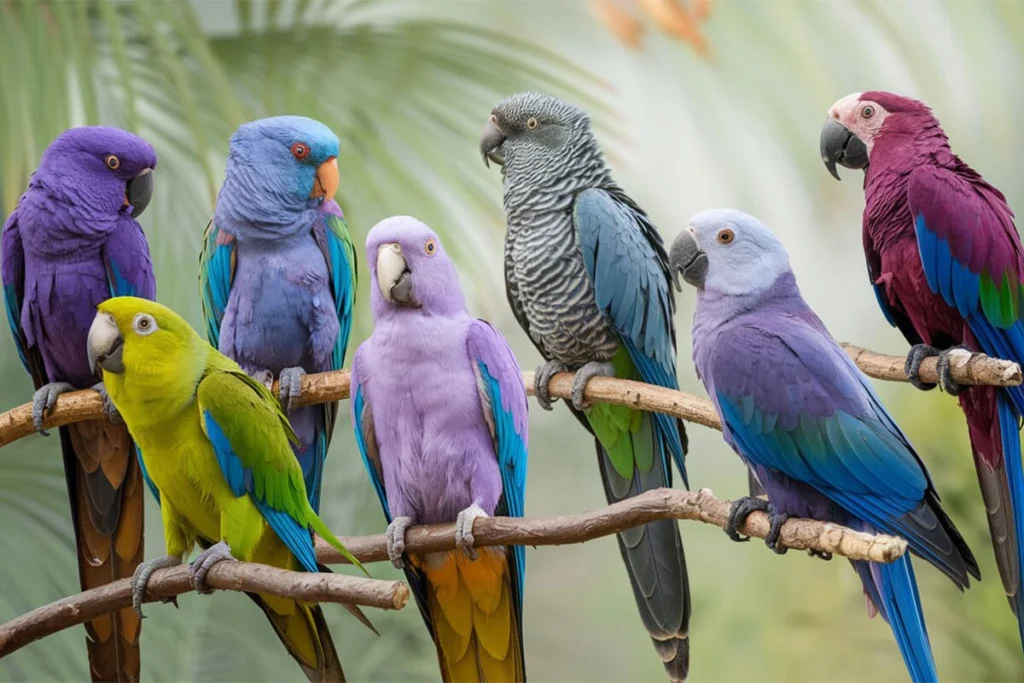 A group of colorful parrots perched on a branch, displaying a variety of vibrant hues like purple, blue, yellow, and gray.