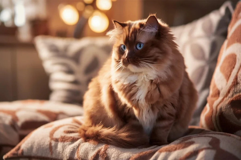 Cinnamon Brown Ragdoll cat with blue eyes sitting on a couch.