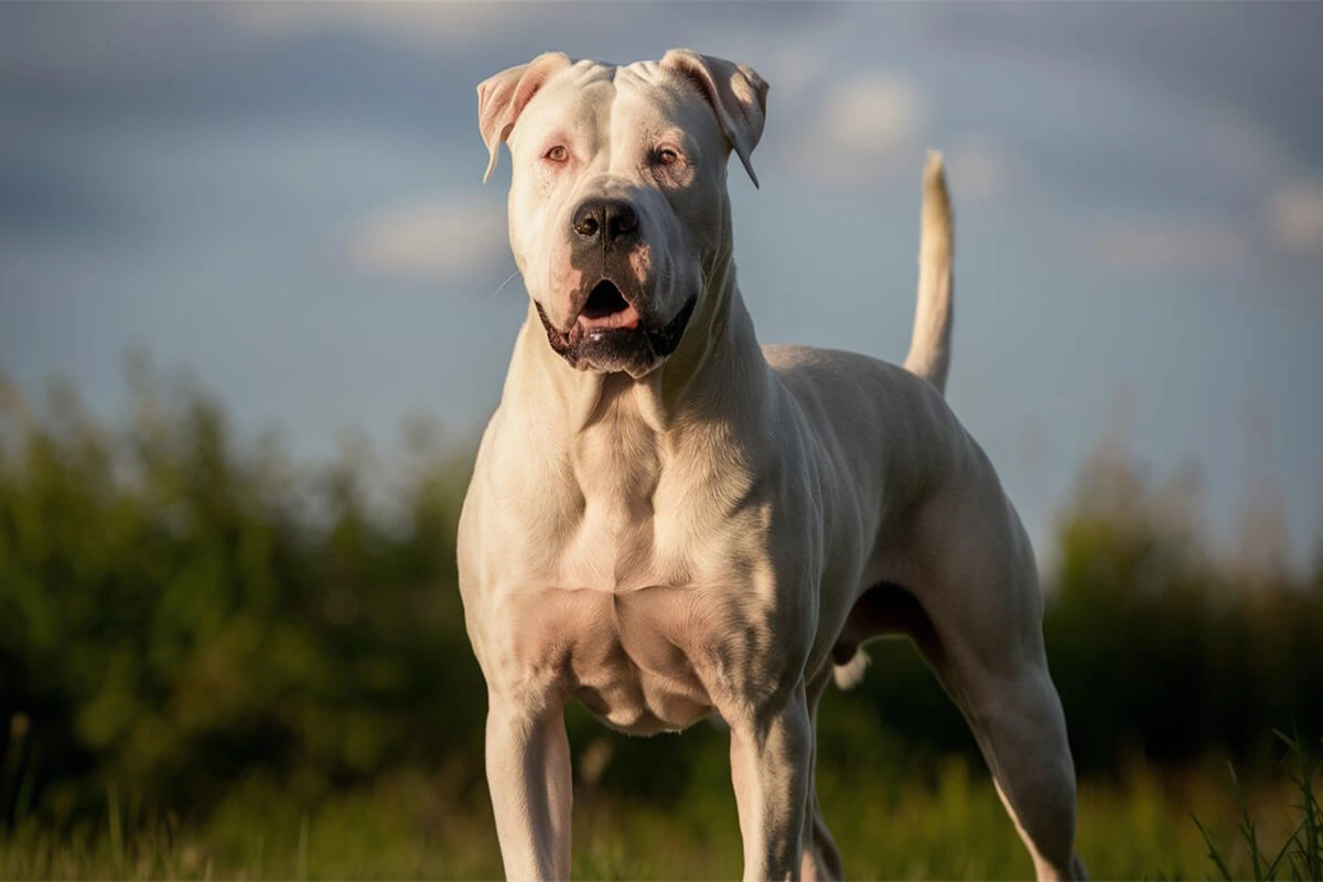 Full-body portrait of a majestic Dogo Argentino standing outdoors.