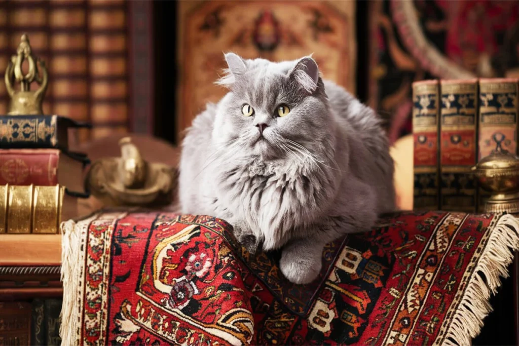 A fluffy grey Persian cat lounging on an ornate red rug amidst old books and decorations.