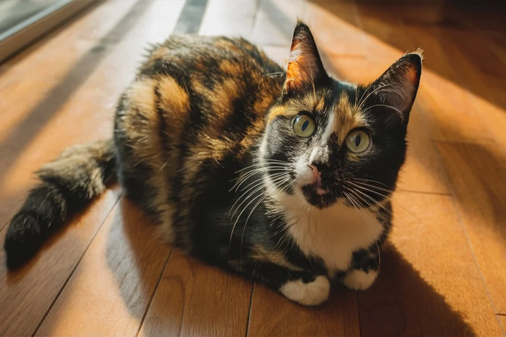 A tortoiseshell cat sitting on a wooden floor bathed in sunlight.