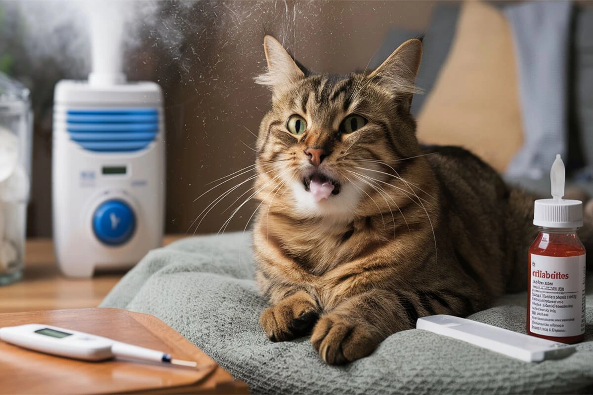 A tabby cat lying on a grey blanket, panting with its tongue out, with a humidifier, a thermometer, and a bottle of medicine nearby, suggesting illness.