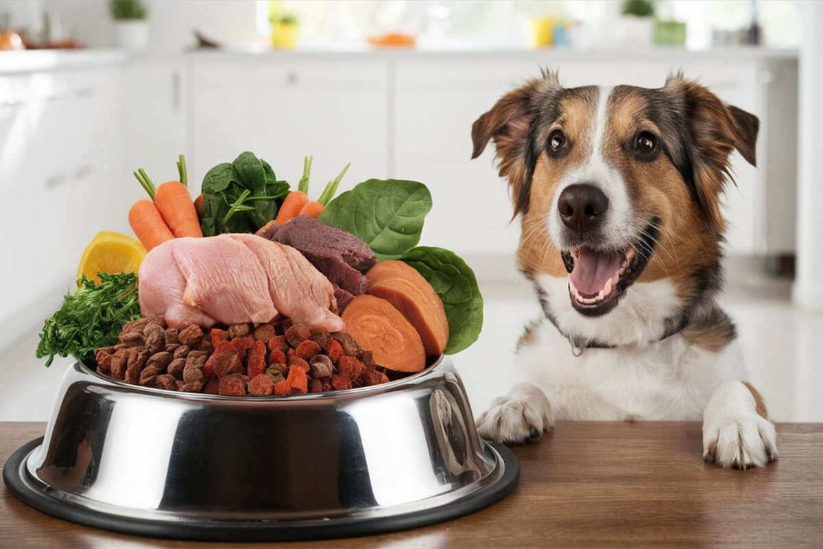 A dog with its paws on a table, looking excitedly at a large bowl filled with various dog food ingredients.