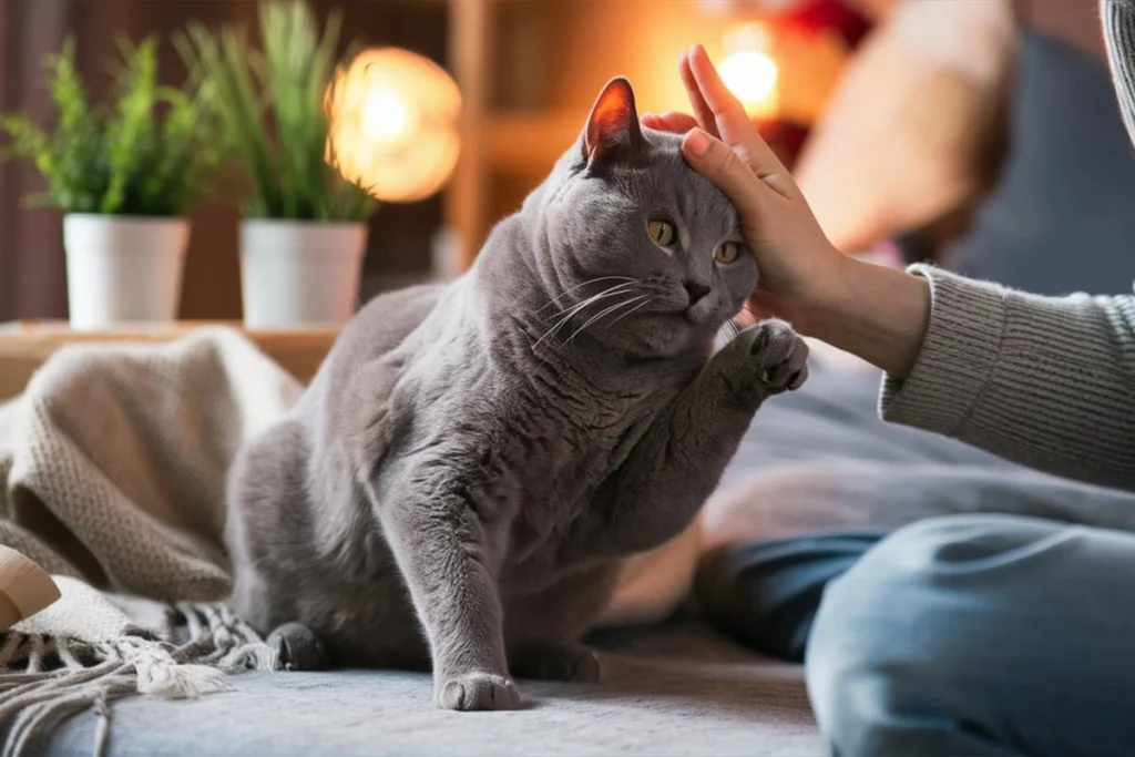 Person petting a grey cat on a couch.