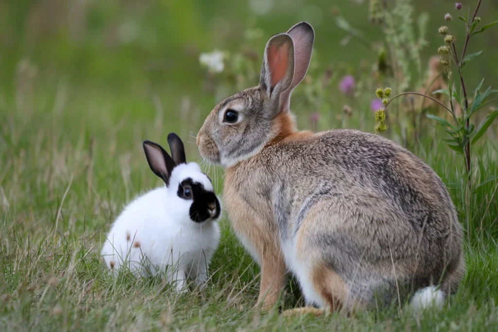  Black and white bunny next to brown rabbit in a field.