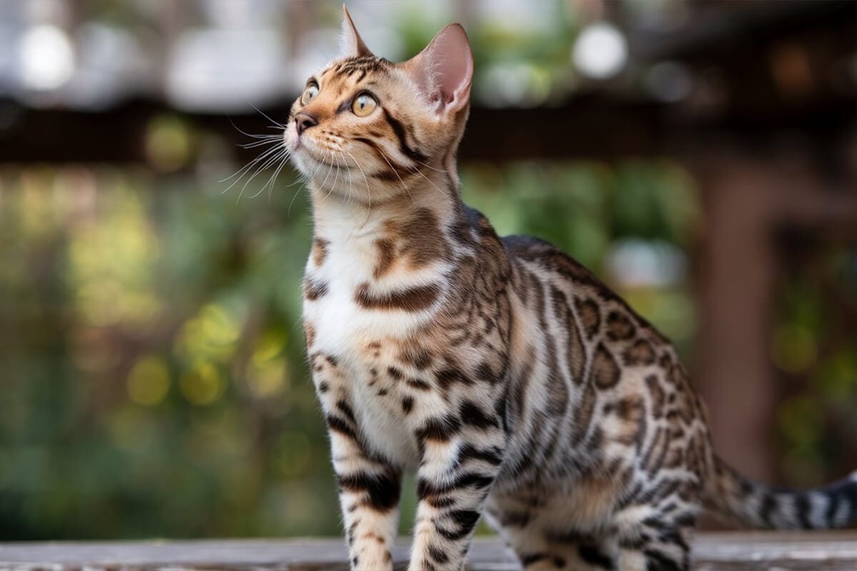 A Bengal cat with spotted fur standing and looking upwards.