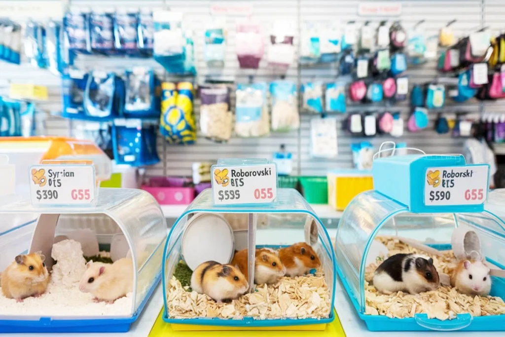 Hamsters for sale in cages at a pet store.