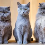 Three light grey cats sitting side-by-side against a golden backdrop