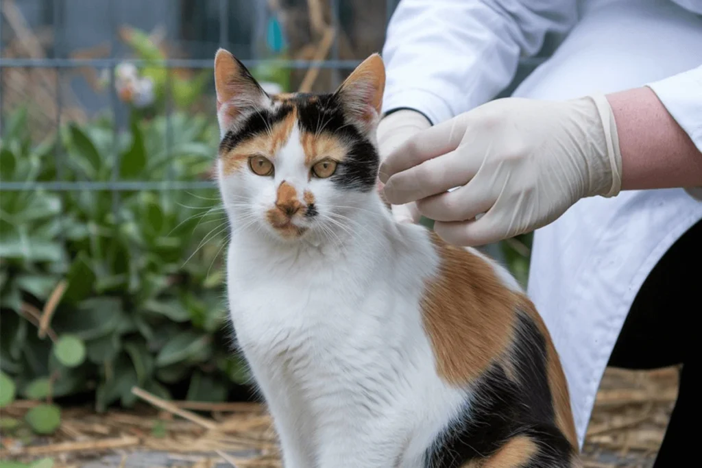 Calico cat being examined by a veterinarian.