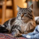 Relaxed tabby cat lying on a colorful rug and blanket