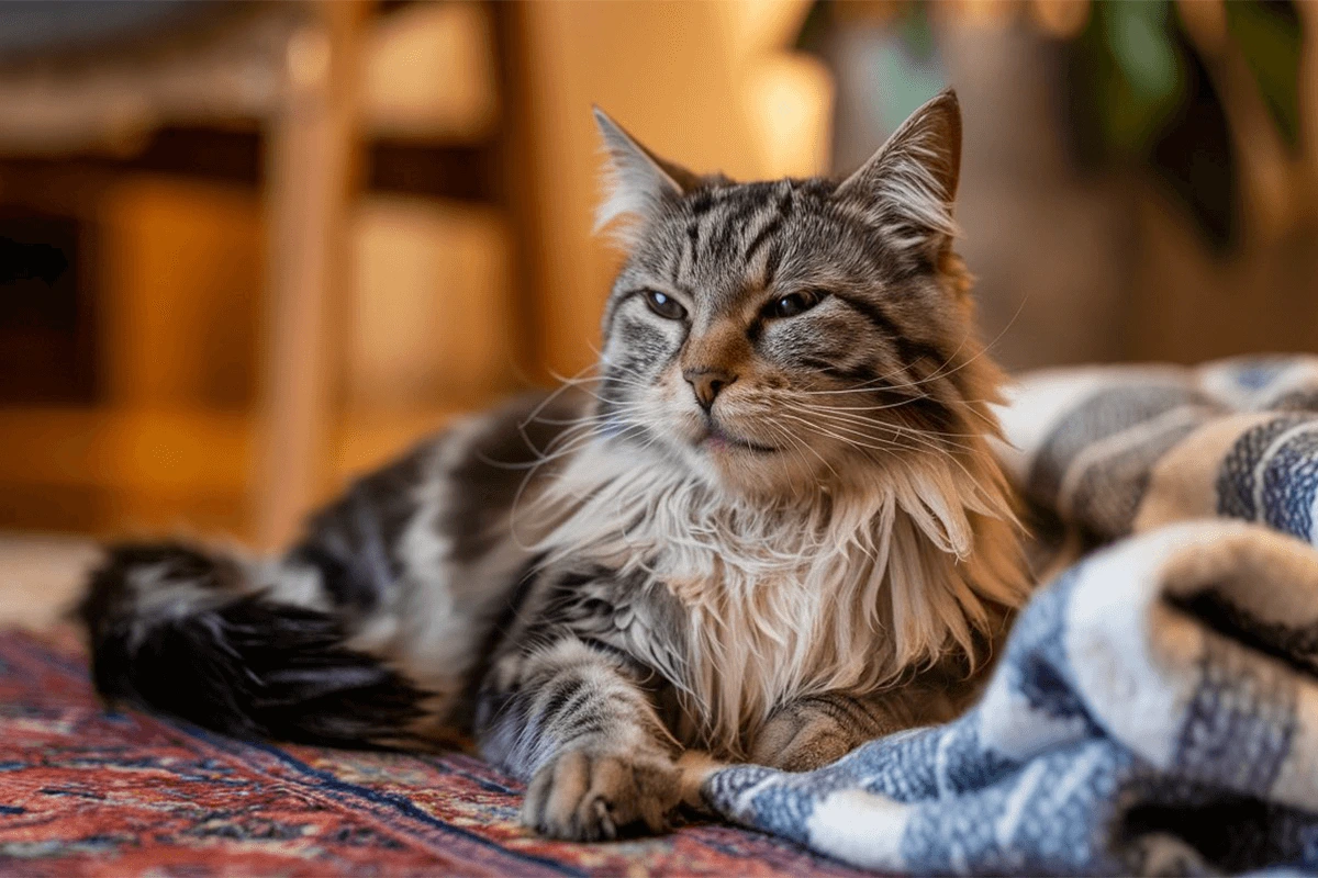 Relaxed tabby cat lying on a colorful rug and blanket