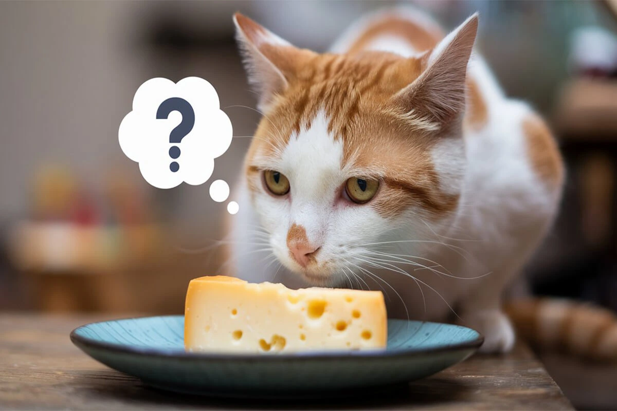 Orange and white cat looking curiously at a piece of cheese on a plate, with a question mark thought bubble above its head.