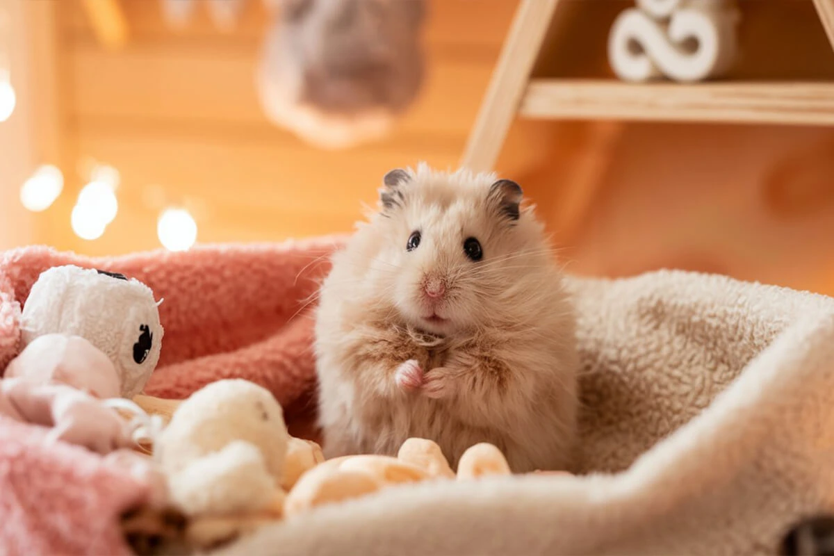 Light brown, fluffy Chinese dwarf hamster sitting among soft blankets and plush toys.