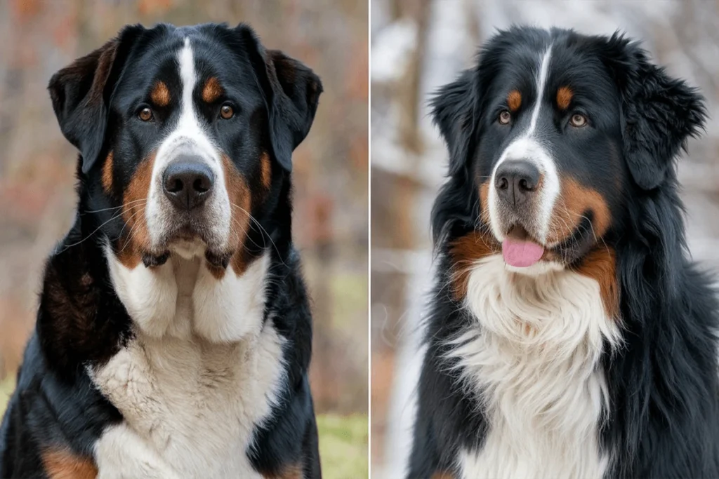 Comparison of a Greater Swiss Mountain Dog (left) and a Bernese Mountain Dog (right)