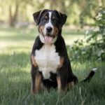 Greater Swiss Mountain Dog puppy sitting in a grassy park.