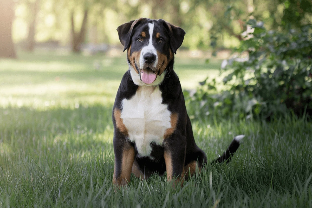 Greater Swiss Mountain Dog puppy sitting in a grassy park.