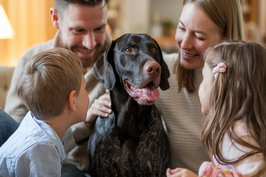 Family interacting with their black German Shorthaired Pointer indoors.