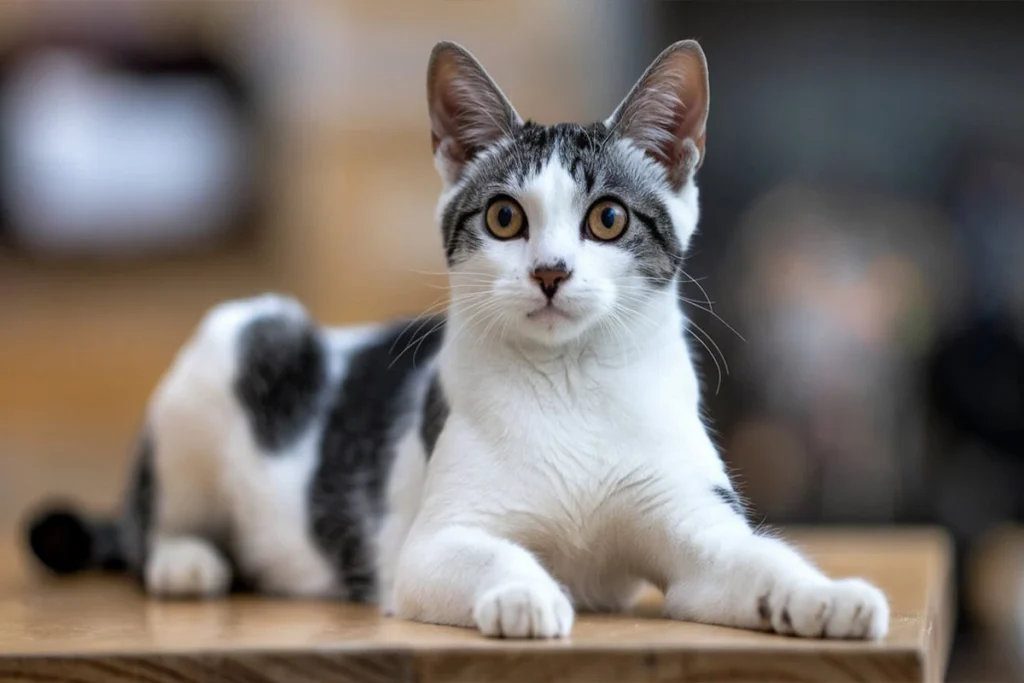 A white and grey tabby cat with a curious expression looking directly at the camera, a great inspiration for cute cat names.