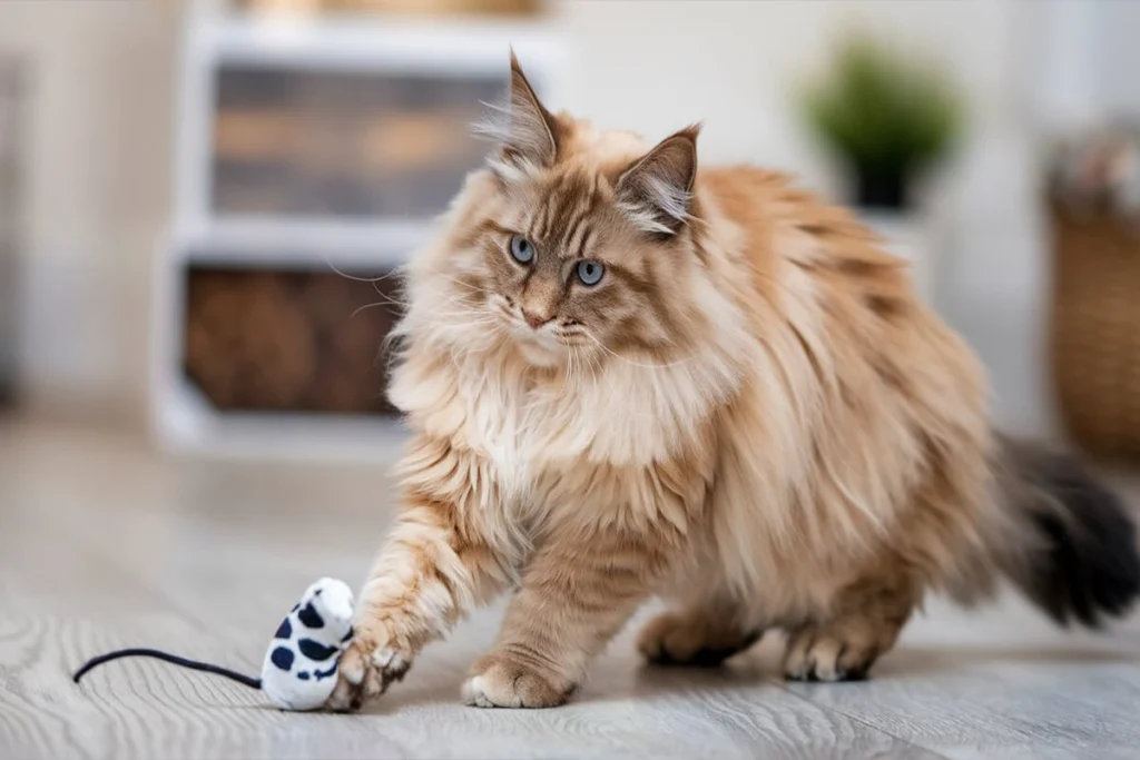 Maine Coon cat playing with a toy mouse.