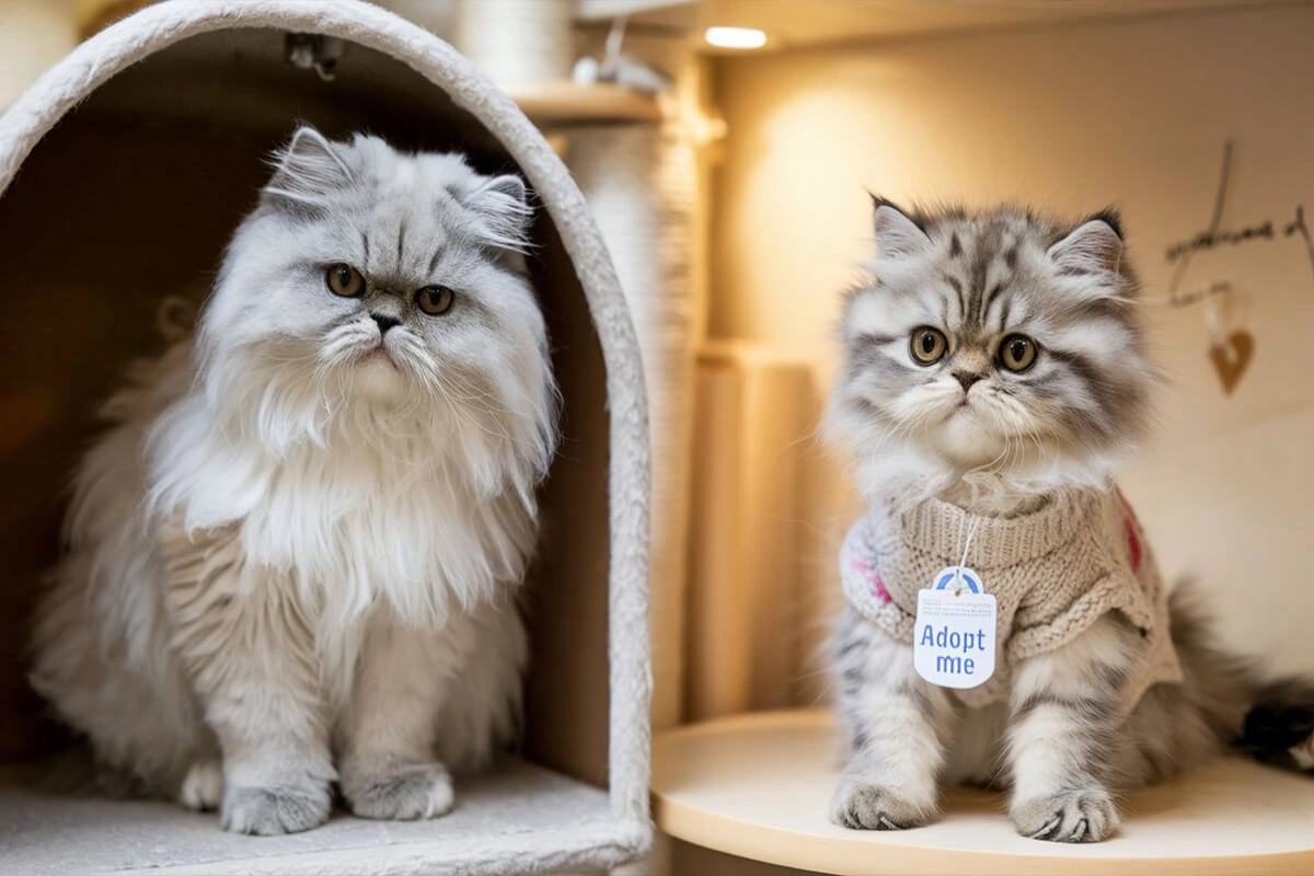 Two Persian cats in a pet store display, one wearing an "Adopt Me" tag.