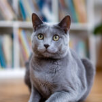 Gray Russian Blue cat looking at the camera.