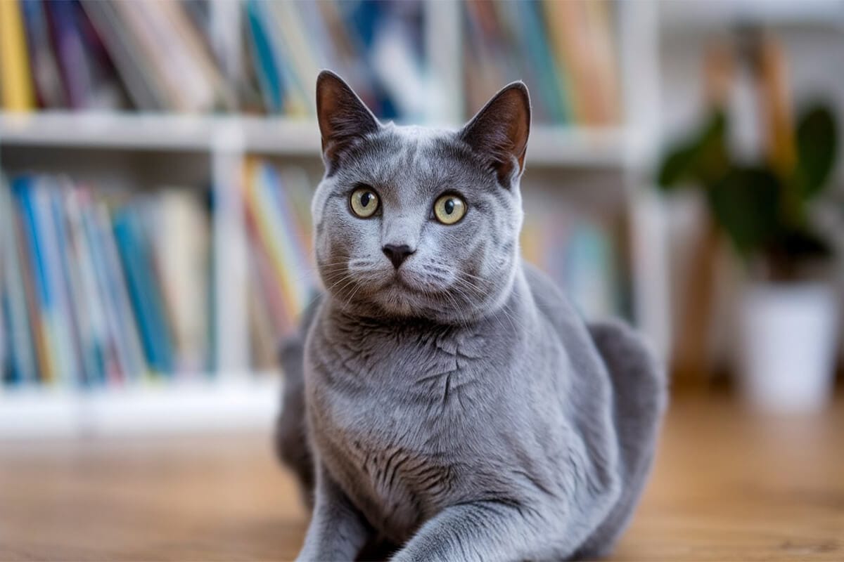 Gray Russian Blue cat looking at the camera.