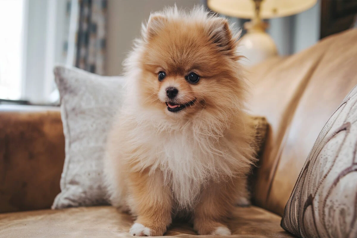 Adorable tan and white Pomeranian one of the Best Fluffy Puppy Breeds sitting on a couch