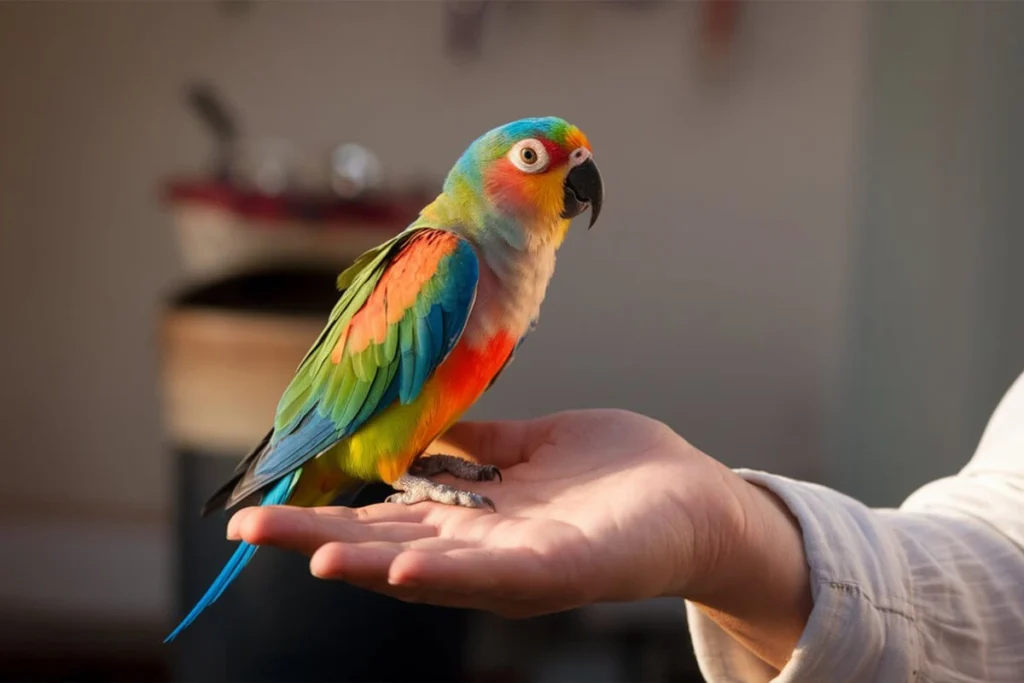 Colorful small parrot perched on a person's hand.