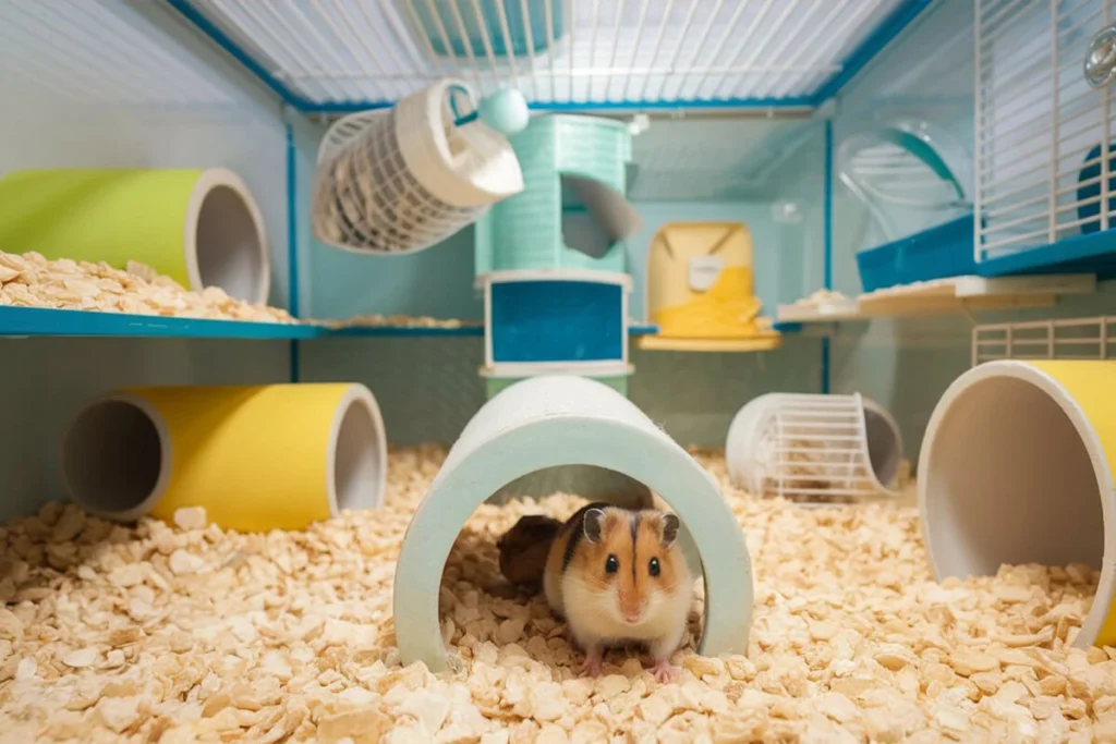 A hamster stands under a light blue tunnel in its cage, filled with colorful toys and wood chip bedding.