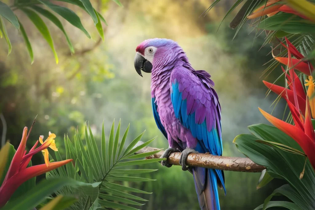  A single parrot with purple feathers and blue wings perched on a branch, surrounded by lush tropical foliage.