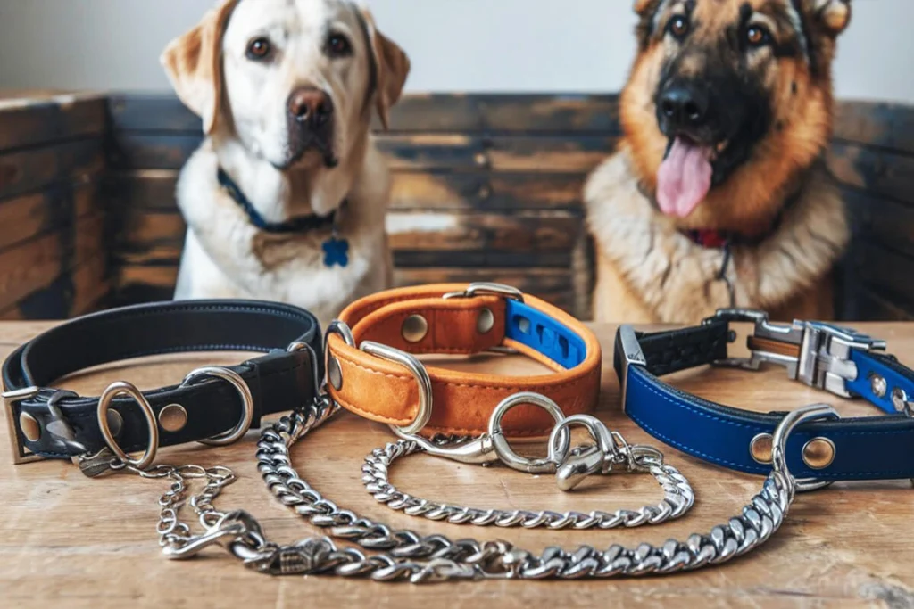 A Yellow Labrador and a German Shepherd behind a display of leather dog collars and metal chains.