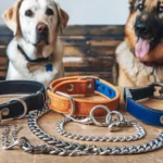 A Yellow Labrador and a German Shepherd behind a display of leather dog collars and metal chains.