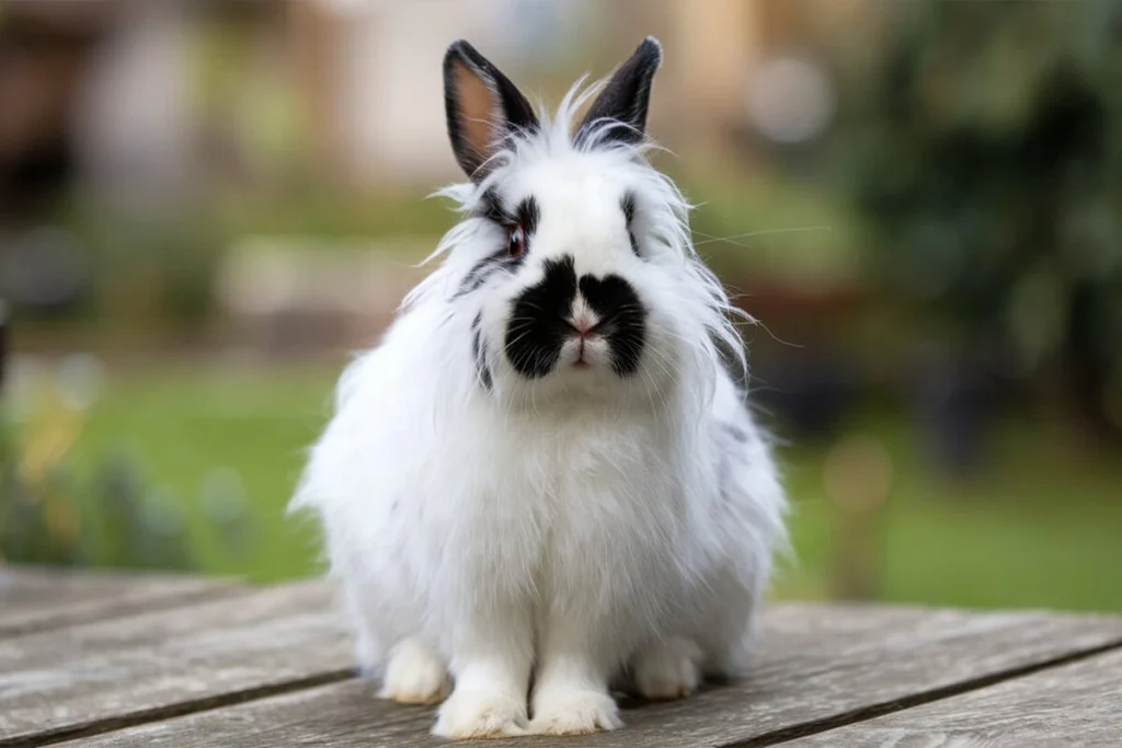 Fluffy black and white English Angora rabbit sitting on a wooden table.