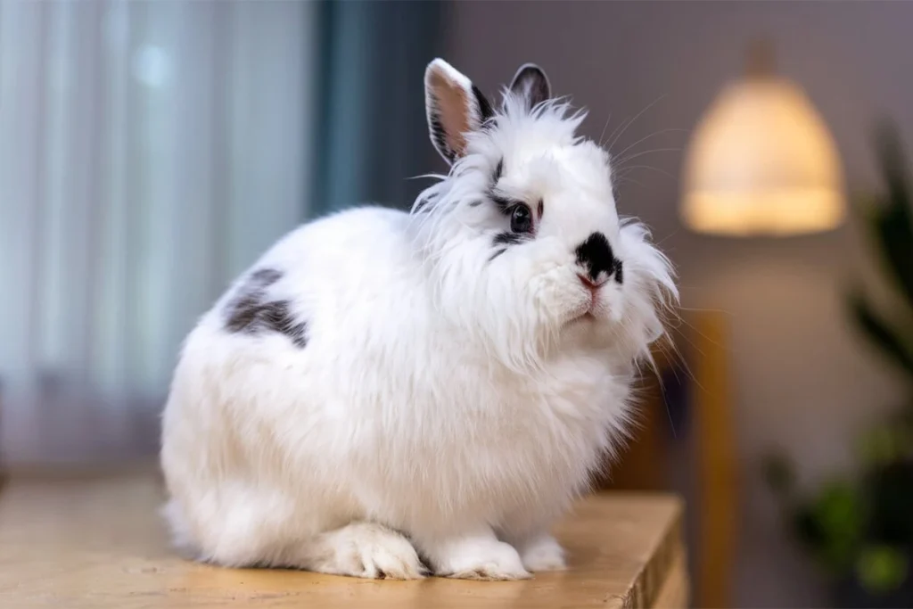 Fluffy white English Angora rabbit with black markings on a wooden surface.