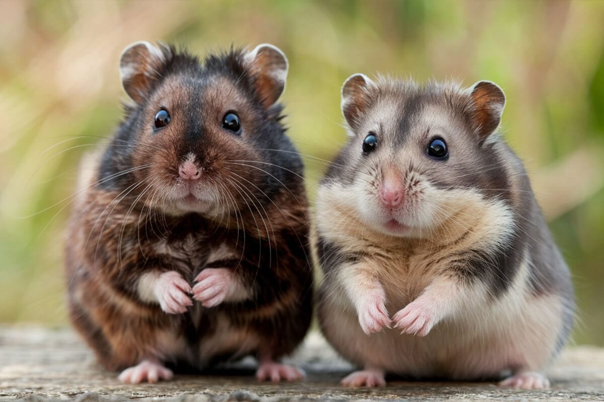 Two dwarf hamsters sitting side-by-side on wood; potentially showcasing the subtle differences between a Chinese Dwarf hamster male vs female.