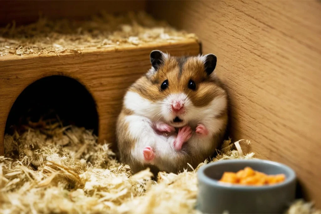 Hamster sitting upright in bedding with food bowl nearby